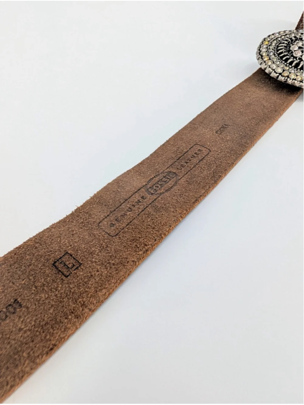 Fossil BT2918001 Brown Tooled Leather Belt Rhinestone Concho Buckle Boho Western